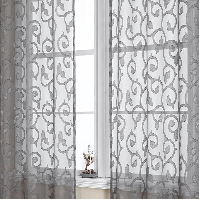 OWENIE Furman Grey Sheer Curtains 54 Inch Length 2 Panels Set by OWENIE