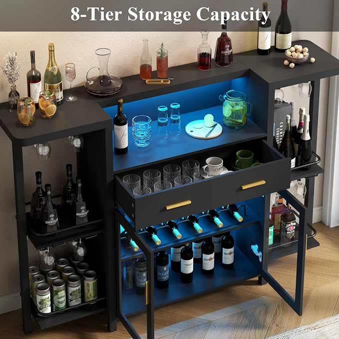 Loomie Bar Table Cabinet with LED Lights & Drawer, 8-Tier Wine Bar Cabinet with - Image 6