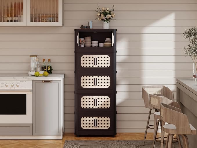 Folding Storage Cabinet with Wheels, 5-Tier Narrow Retro Brown Storage Tower - Image 4