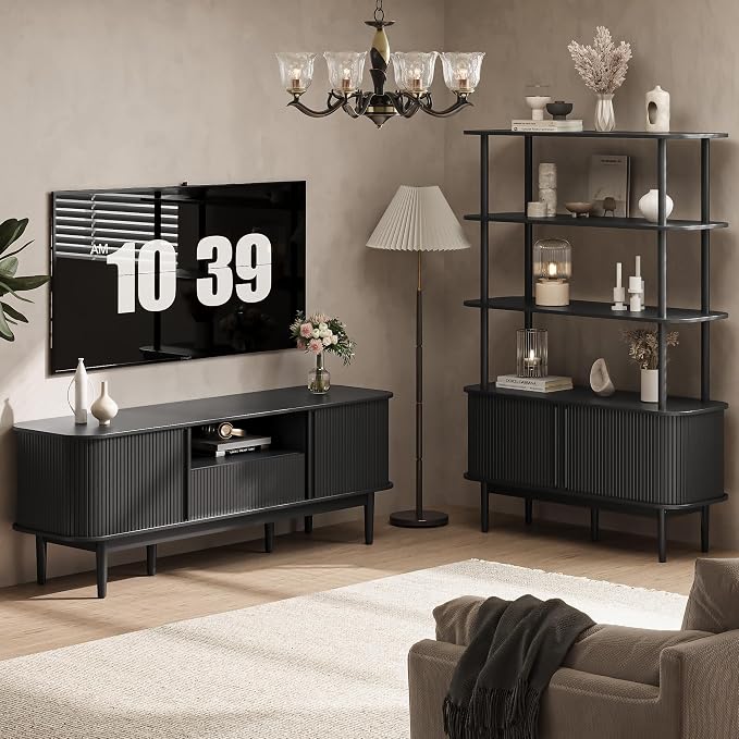 MAISONARIA 63" Black TV Stand, Fluted Entertainment Center - Image 7
