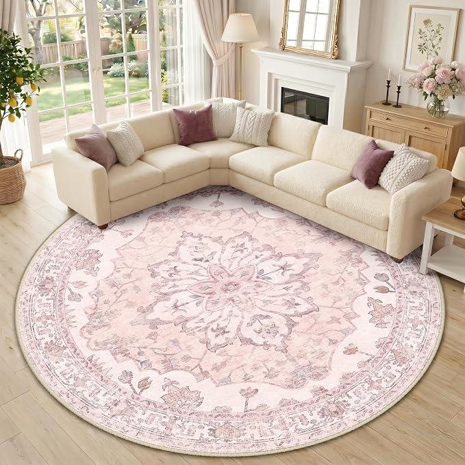 RELEANY Area Rugs Round 10ft Washable Non-Slip, Floral Vintage Distress Print by RELEANY