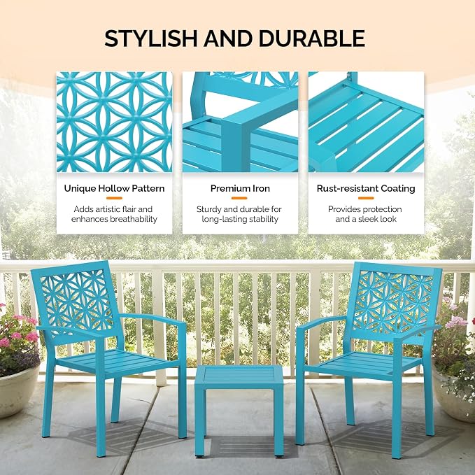 VINGLI 3-Piece Outdoor Bistro Set, Stackable Modern Metal Steel Table and Chairs - Image 2