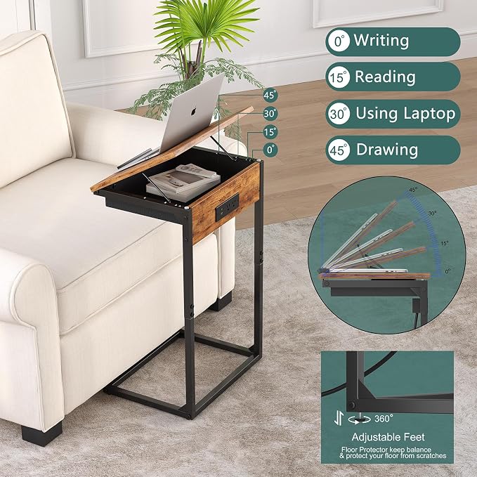 sthmec C Shaped End Table with Charging Station, 45° Tiltable Adjustable Flip - Image 4