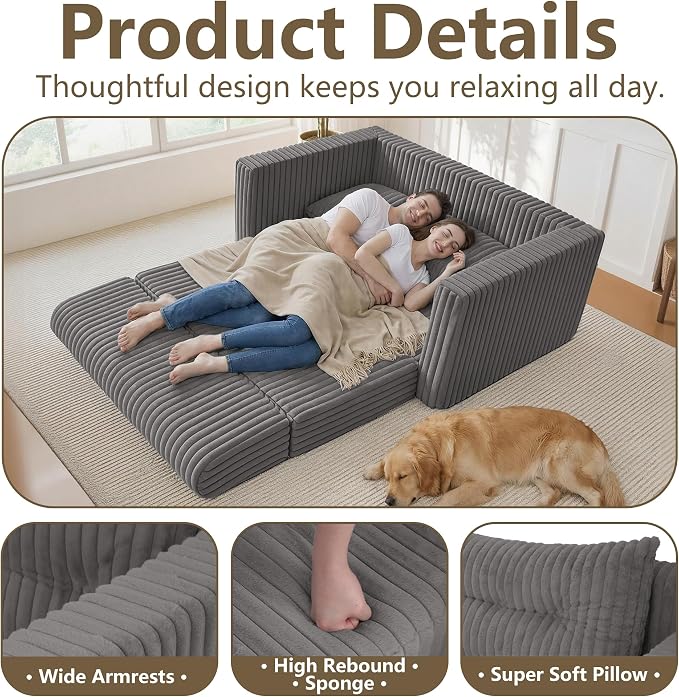HABUTWAY 49.8" Loveseat Boneless Couch, 4-in-1 Convertible Sofa Bed, Plush Fur - Image 6