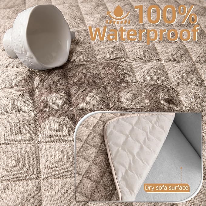 Dog Couch Cover for Sofa 100% Waterproof Faux Linen Sofa Covers for 3 Cushion - Image 2