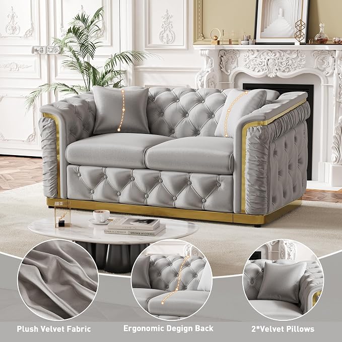 62.2" Luxury Velvet Chesterfield Sofa Tufted Victorian Black and Gold Couch - Image 7