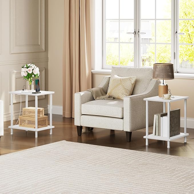 HOOBRO Side Table with Charging Station, Nightstand with 2-Layer Storage Shelves - Image 2
