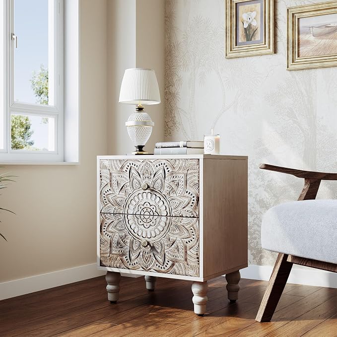HOMPUS White Nightstand with 2 Drawers, Lotus Flower Carved Wood Bedside Table - Image 3