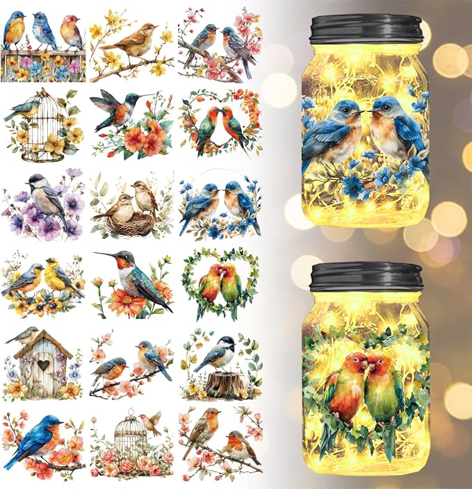 GLOBLELAND 18 Sheets Flowers and Bird Transfer Stickers 3.9x3.6inch Hummingbird by GLOBLELAND