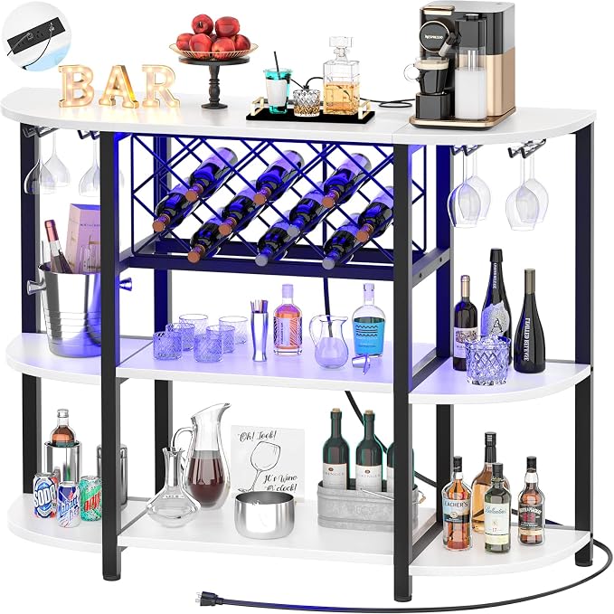 Unikito Bar Table Cabinet with Charging Station, Wine Rack Table with LED Light by Unikito