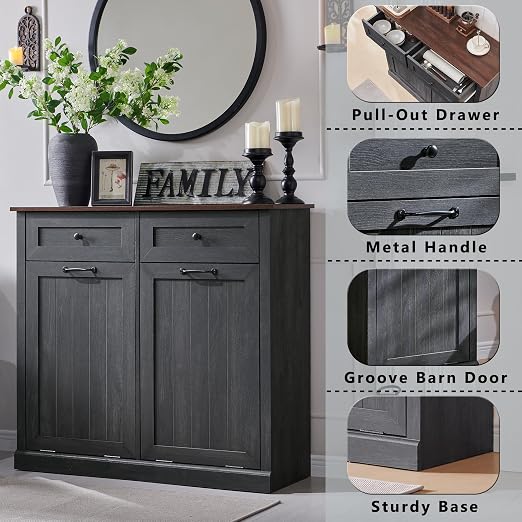 IFGET Double Tilt Out Trash Cabinet, 20 Gallon Farmhouse Laundry Hamper Cabinet - Image 3
