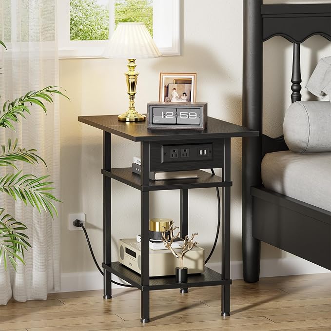 Asgolion Side Table with Charging Station, Skinny Nightstand with USB Ports and - Image 2