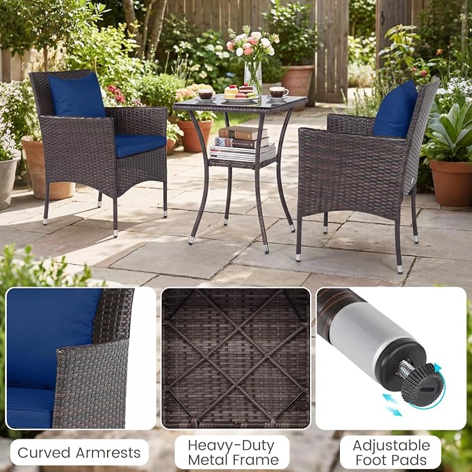 Tangkula 3 Pieces Patio Wicker Bistro Set, 2 Rattan Chairs w/ 2-Tier Tempered - Image 9
