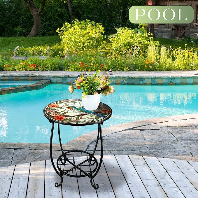 Cinnvoice Outdoor Side Table Round Small Mosaic Patio Accent Indoor End Plant - Image 6