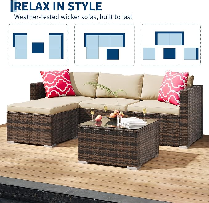 5-Piece Outdoor Sectional Sofa Set, All-Weather PE Rattan Patio Furniture - Image 6