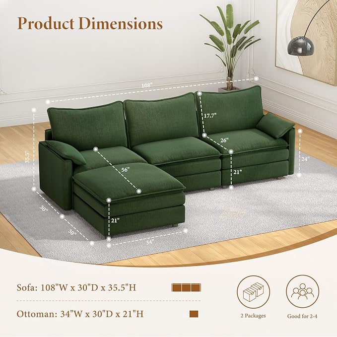 Vesgantti 108" Modular Sectional Sofa, Comfy Cloud Couch - Image 2