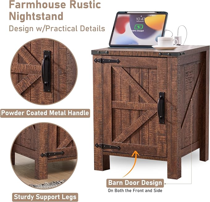 OKD Nightstand w/Charging Station, 18 Inch Farmhouse End Table w/Barn Door and - Image 5
