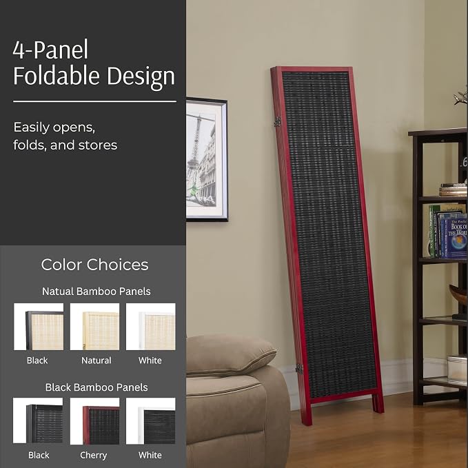 Roundhill Furniture Inkwell 4-Panel Bamboo Room Divider, Folding Portable - Image 3