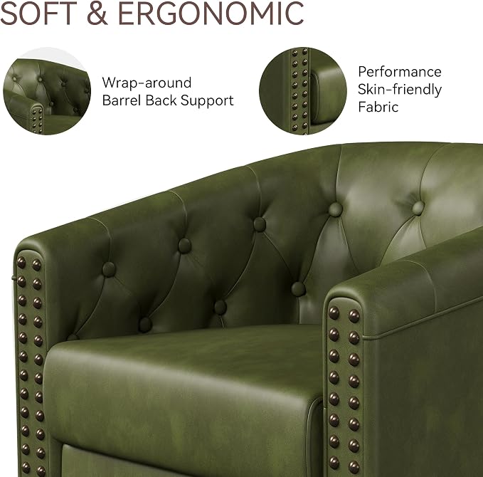 Swivel Barrel Accent Chair, Round Nailhead Faux Leather Living Room Arm Chairs - Image 3