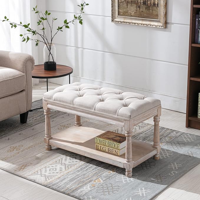 Farmhouse Storage Bench Wooden Entryway Linen Upholstered Ottoman Button Tufted - Image 5
