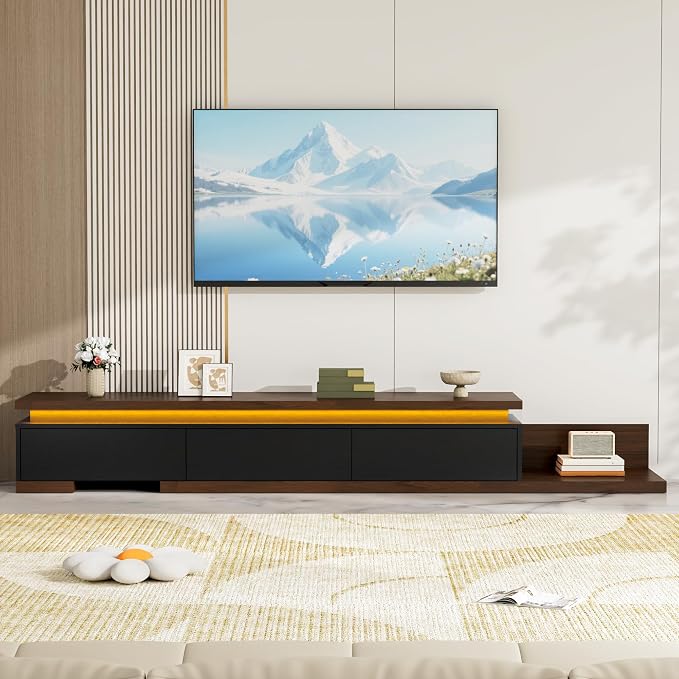Extendable TV Stand with LED Lights, Modern TV Console with 3 Drawers, Wooden - Image 8