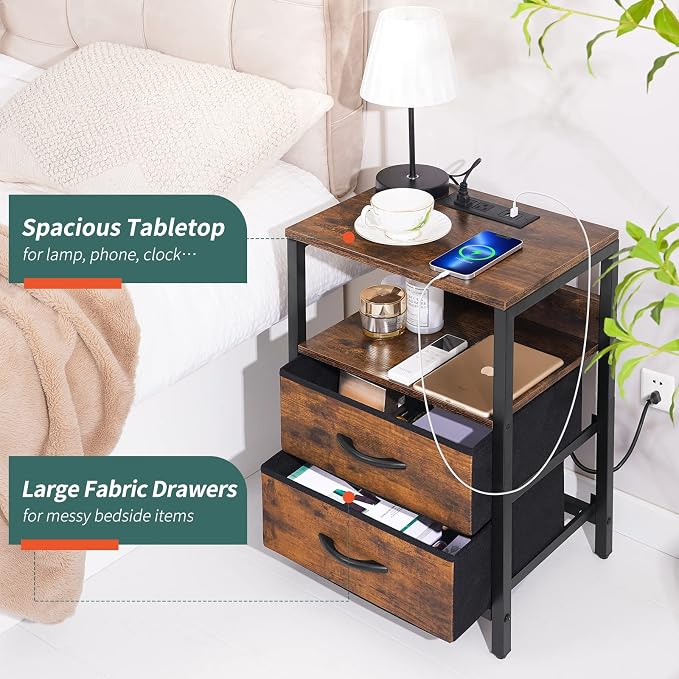 Yoobure Nightstand with Charging Station, Small Night Stand with Fabric Drawers - Image 6