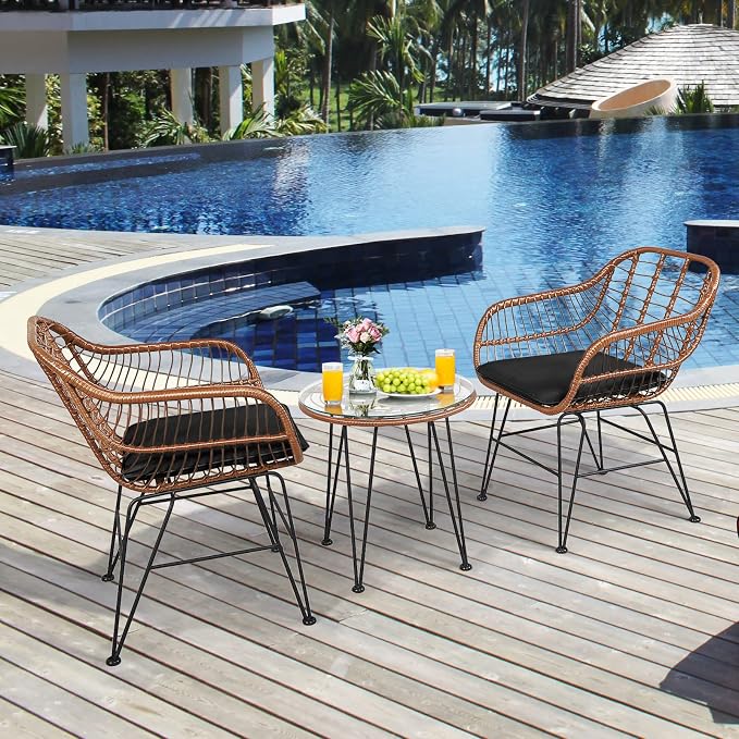 Tangkula 3 Pieces Patio Conversation Bistro Set, Outdoor Wicker Furniture - Image 3