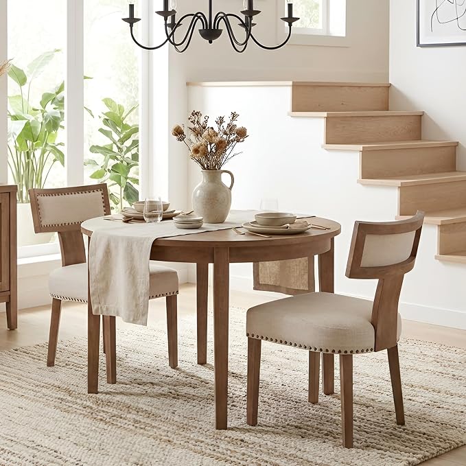 HNY Mid Century Modern Dining Chairs Set of 2, Farmhouse Linen Fabric by HNY
