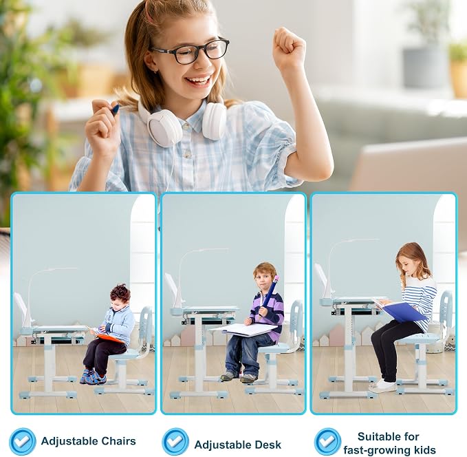 Rengue Kids Desk and Chair Set, Height Adjustable Children School Functional - Image 5