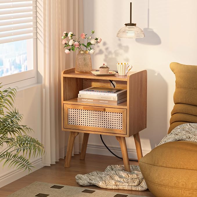 Lerliuo Rattan Nightstand with Charging Station, Side Table with Drawer - Image 5
