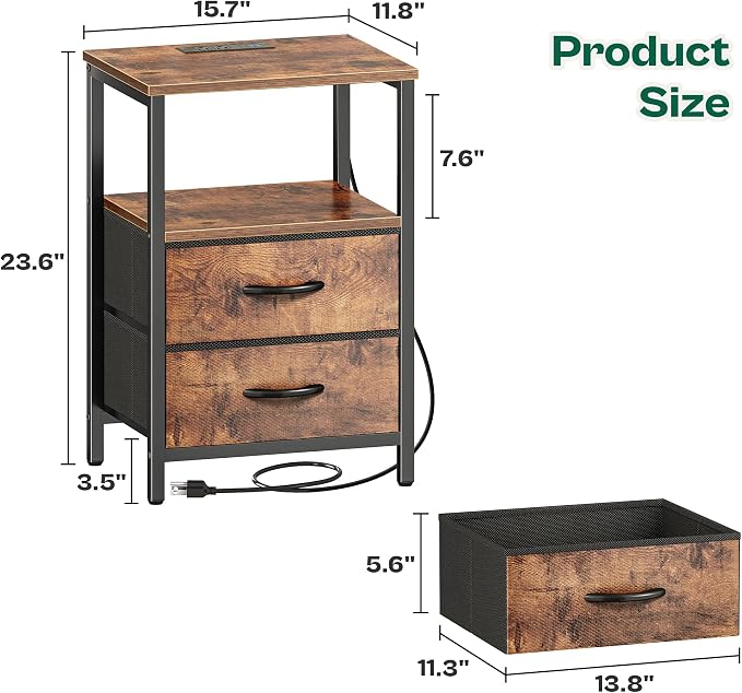 Huuger Night Stand with Charger Station and LED Lights, 2 Drawer Nightstand - Image 3