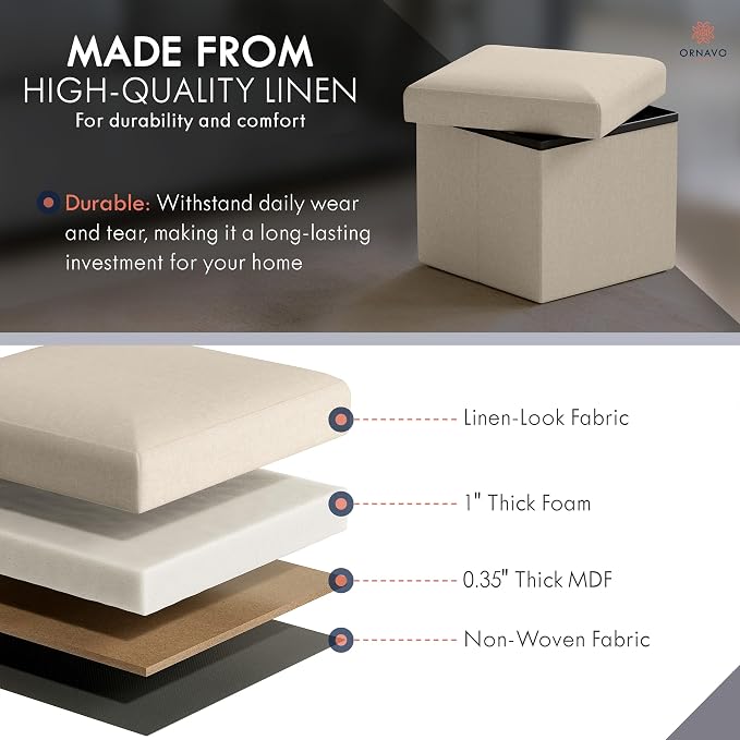 Ornavo Home Small Storage Ottoman Foldable Collapsible Cube Square Linen - Image 5