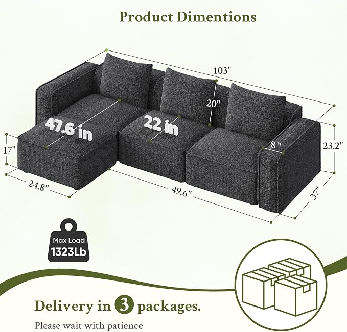 Welzona 103" Sectional Couch, Locked-in Modular Sectional Sofa, Wood Frame - Image 2