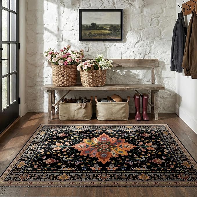 Area Rugs 4'x5' Washable Non-Slip, Floral Vintage Distress Print Pattern - Image 2