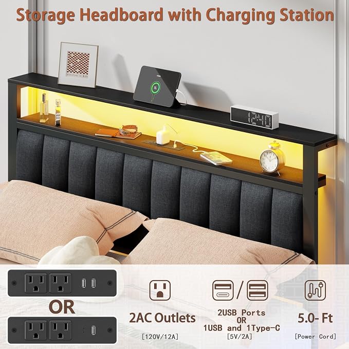 Furnulem Queen Bed Frame with Charging Station and LED Lights, Metal Platform - Image 9