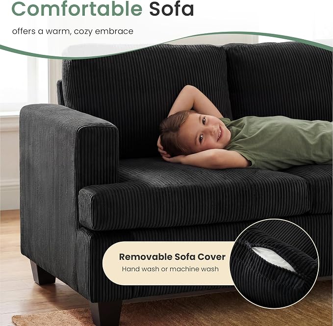 3 Seater Corduroy Couch for Living Room, 89” Black Cloud Sofa, Deep Seat Floor - Image 4