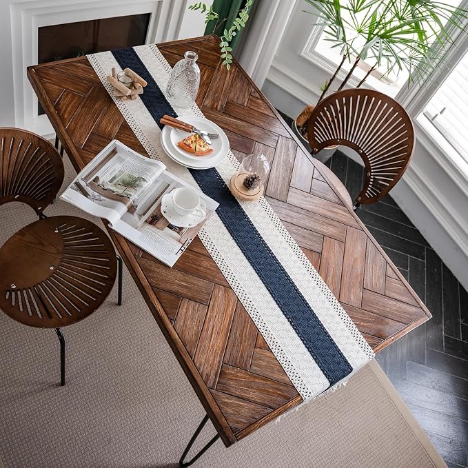 Macrame Table Runner Cream Beige and Blue Boho Table Runners - Image 7