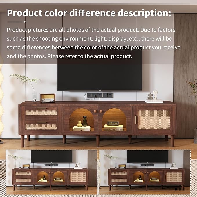 Merax Rattan TV Stand with LED Lights, Solid Wood Feet, Living Room, Bedroom - Image 7