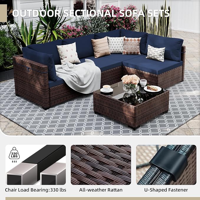 UPHA 5 Pieces Patio Furniture Sets, Wicker Outdoor Sectional Sofa Couch - Image 3