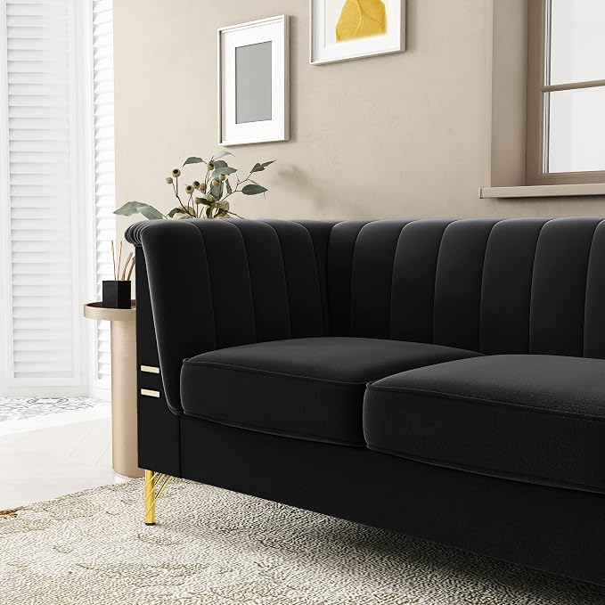 83.46" W Black Velvet Sofa Couch - Image 3