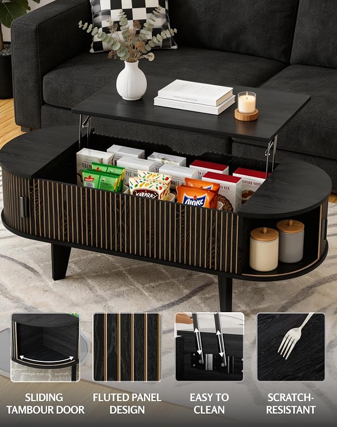 Oval Coffee Table with Storage, 47.2" Fluted Lift Top Coffee Table with 180° - Image 3