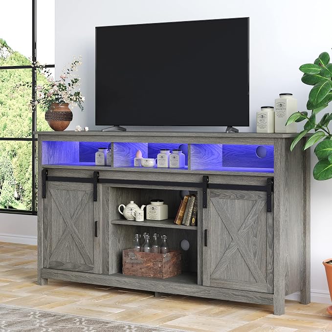 LED Farmhouse TV Stand for 65 inch TVs, Rustic Entertainment Center TV Cabinet by Bolonbi