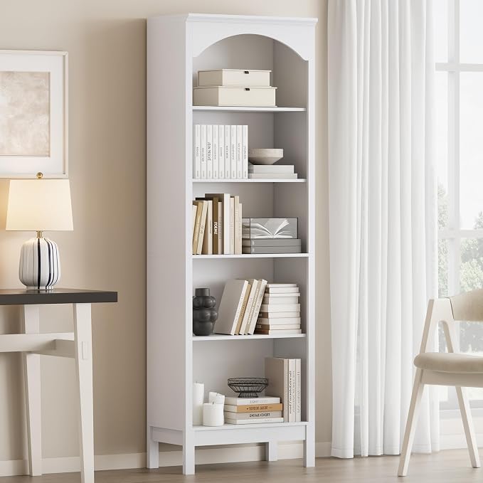 Arched Bookshelf with 5 Tier Open Shelves, Study and Living Room, Modern White by JMHDYG