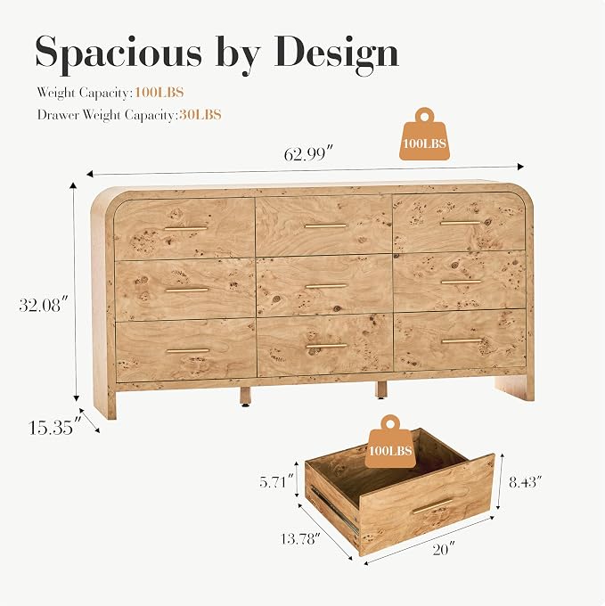 Curved 9-Drawer Dresser for Bedroom, Vanity Desk TV Stand for Living Room - Image 2