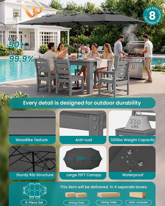 SERWALL Patio Dining Set with 15FT Double Side Umbrella, Outdoor Dining Sets - Image 2