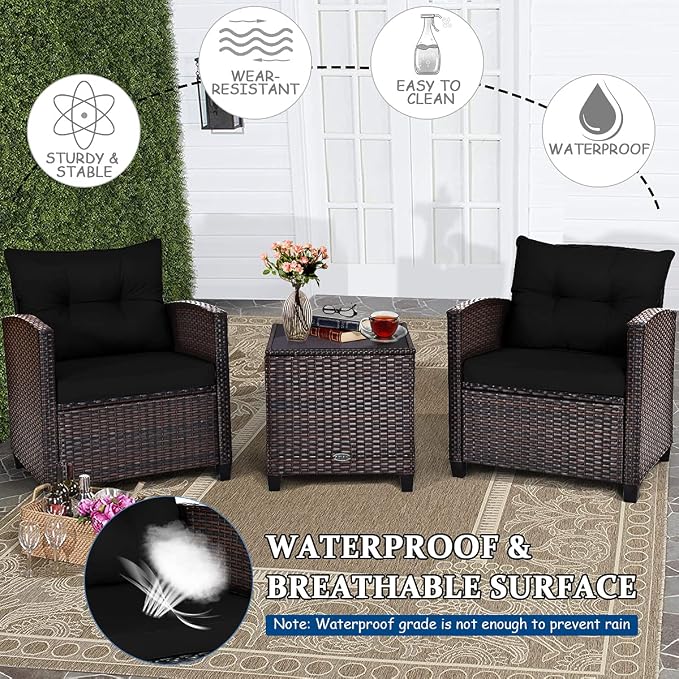 COSTWAY 3PCS Patio Furniture Set, PE Rattan Wicker Sofa w/Washable Cushion and - Image 6