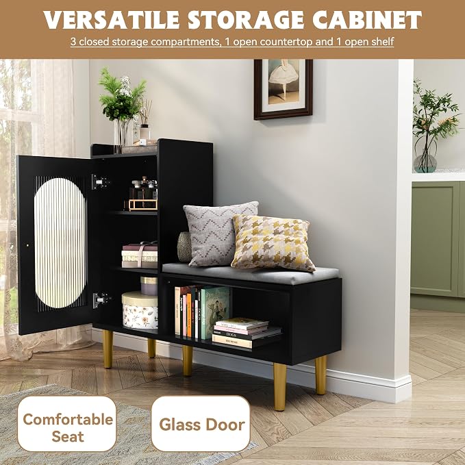 HLR Storage Bench with Glass Door&Shelf, Modern Entryway Shoe Cabinet Bench - Image 3