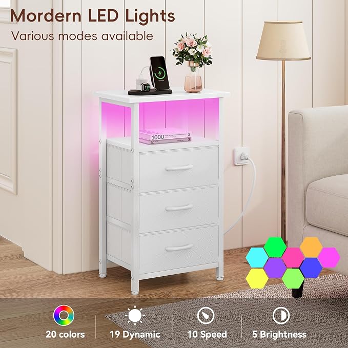 Vagusicc Night Stand with Charging Station, LED Nightstand - Image 4