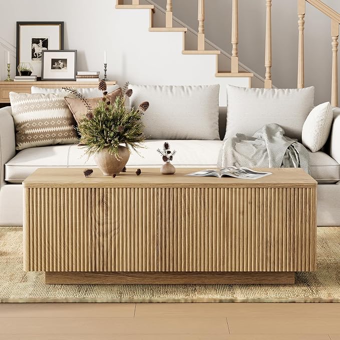 FABATO Mid Century Modern Coffee Table, Wooden Fluted Center Table - Image 3