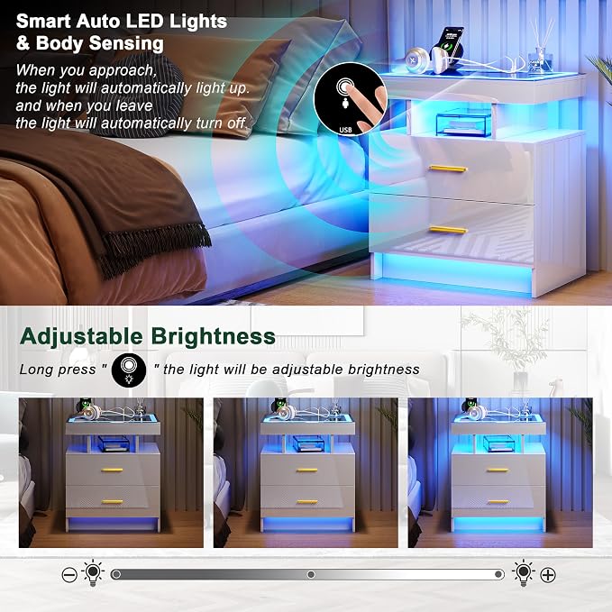 HNEBC LED Nightstand with Charging Station High Gloss Bedside Table with 2 - Image 5